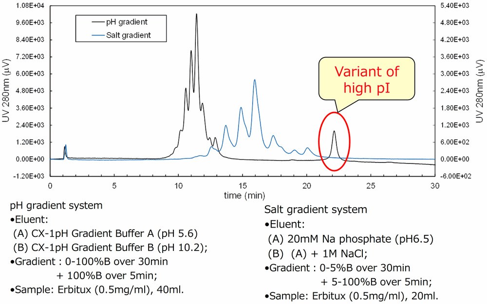 Chromatogram of Antibody variants; pH/NaCl gradient